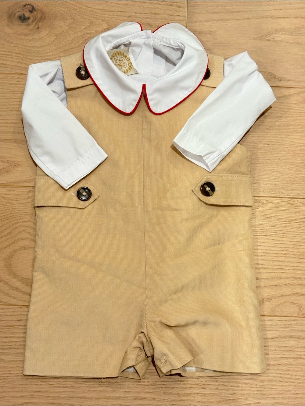 The Beaufort Bonnet Company Tan Shortall with White Shirt and Red Piping